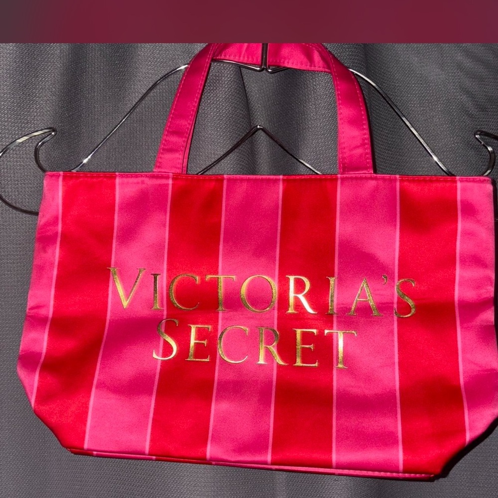 Victoria's Secret Hot Pink and Fuchsia Striped Tote with Gold Logo Tote Small